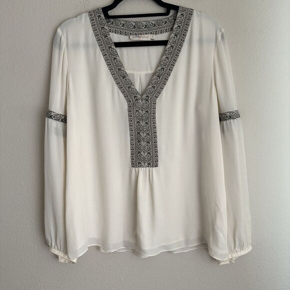 Tory‎ Burch Silk Blouse Womens Size 10 Ivory Chiffon Batik Trim Peasant Top - Picture 1 of 9